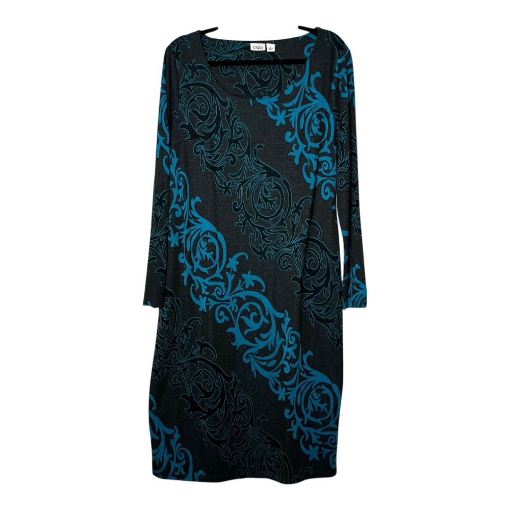 Cato Womens XL Teal Gray Damask Scroll Long Sleeve Knit Sheath Dress RN37080